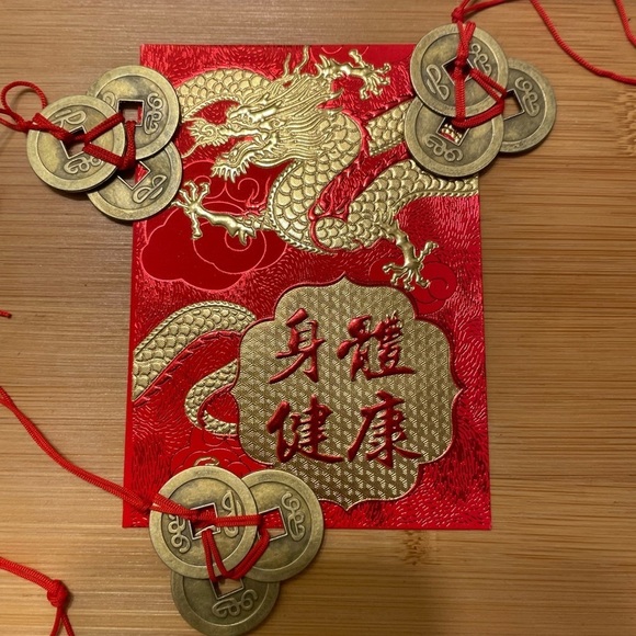Hand Crafted Other - Chinese New Year of the Dragon 2024 Red Money Envelope 3 Feng Shui Coins